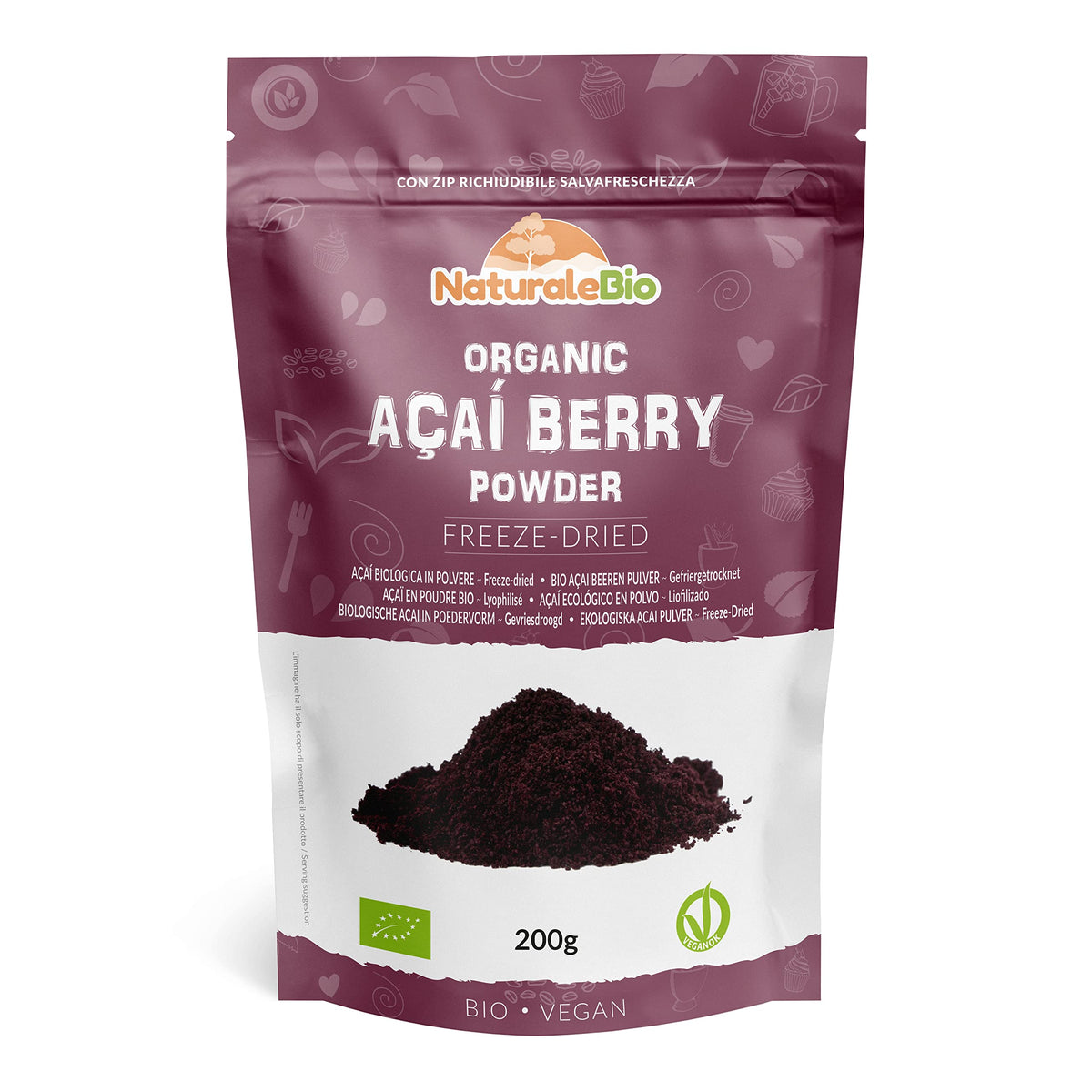 Organic Acai Berries Powder - Freeze-Dried - 200g. Brazilian Acai, Lyophilised, Raw. Extract from Açai Berry Pulp. Vegan & Vegetarian Friendly
