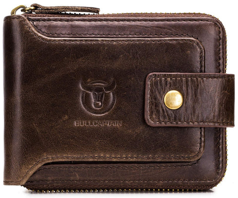 BULLCAPTAIN Mens Genuine Leather Zipper Wallet RFID Blocking Bifold Zip Around Multi Credit Card Holder,Big (brown)