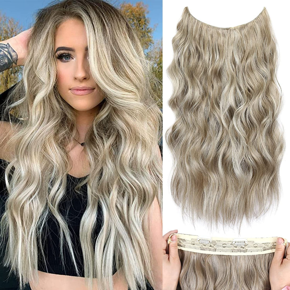 Hidden Wire Hair Extensions 20Inch Synthetic Hair Warm Ash Blonde Highlights Bleach Blonde Invisible Wire Hair Extensions Blonde Highlights Fishing Line Hair Extensions