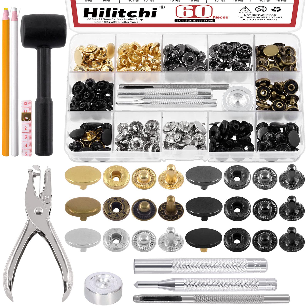 Hilitchi 69 Sets Leather Snap Fasteners Kit, 6 Colors 12.5mm Press Studs Metal Snaps Metal Button Snaps with Hammer, Hole Puncher, Setting Tools, Fabric Marker, Measuring Tape for Clothes, Jeans