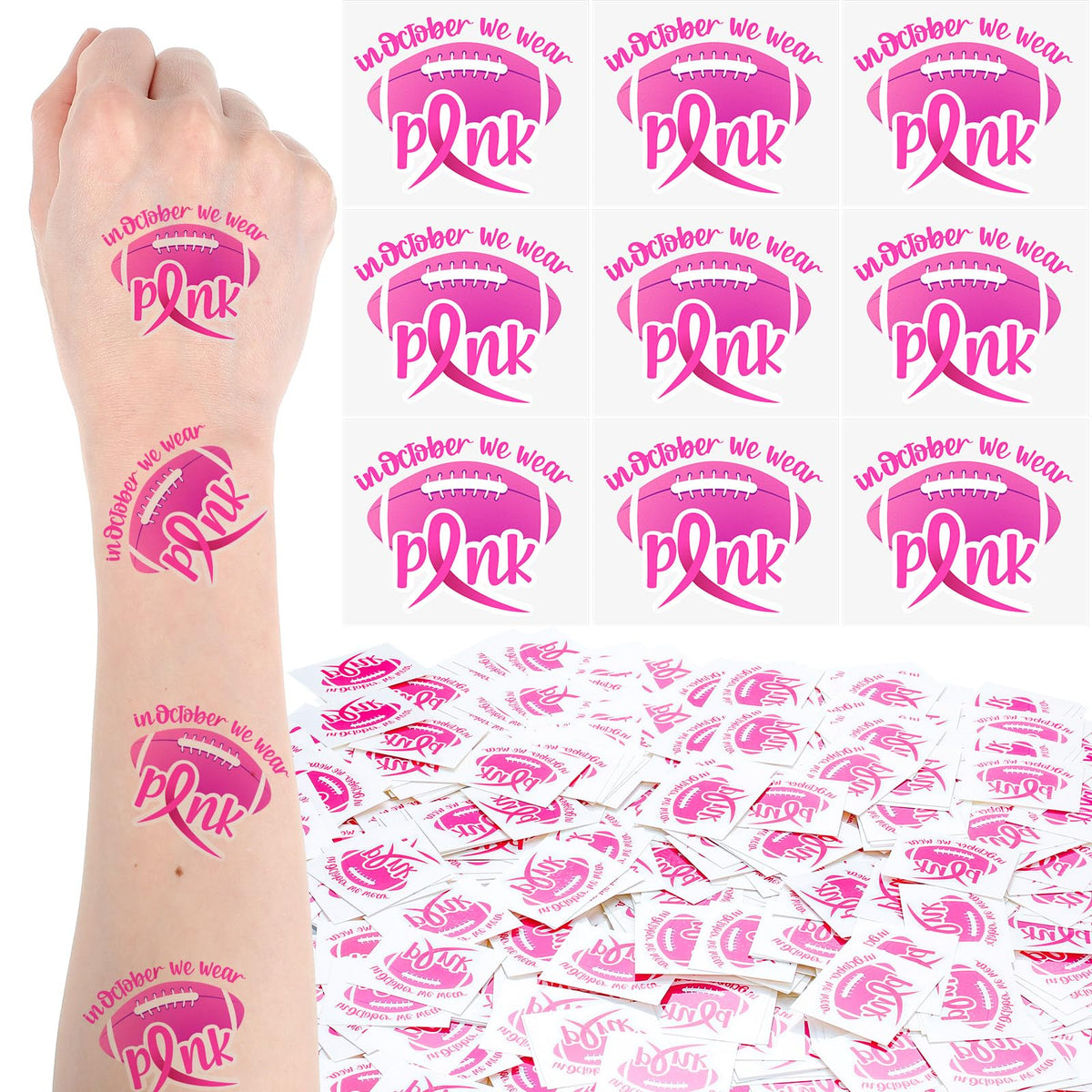 Dansib 600 Pcs Football Breast Cancer Awareness Pink Ribbon Tattoos Waterproof Body Breast Cancer Awareness Tattoo Stickers Removable Temporary Face Tattoos for Women Girl Fundraising Team Accessories