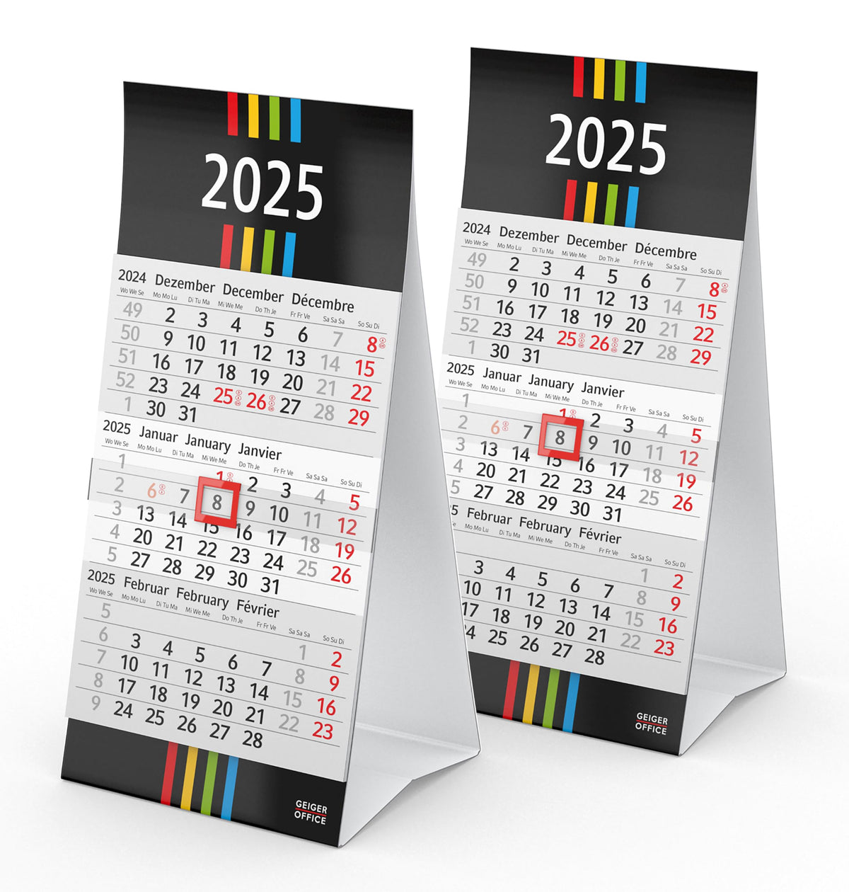 3-Month Calendar 2024, Pack of 2 Desk Calendars, 10 x 20 cm, Sturdy Cardboard Roof Stand with Holiday Dates, Made in Germany Geiger-Office