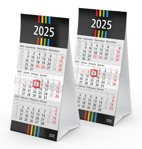 3-Month Calendar 2024, Pack of 2 Desk Calendars, 10 x 20 cm, Sturdy Cardboard Roof Stand with Holiday Dates, Made in Germany Geiger-Office