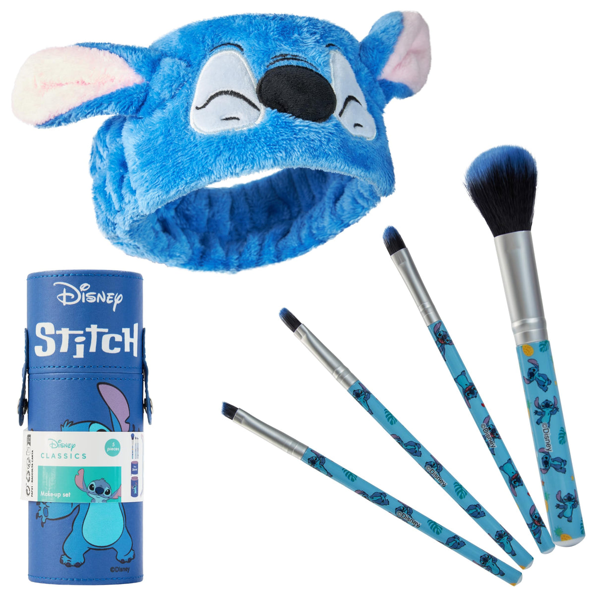 Disney Stitch Makeup Brush Set for Women Fluffy Makeup Headband Eyeshadow Brushes Travel Case Stitch Gifts (Blue)