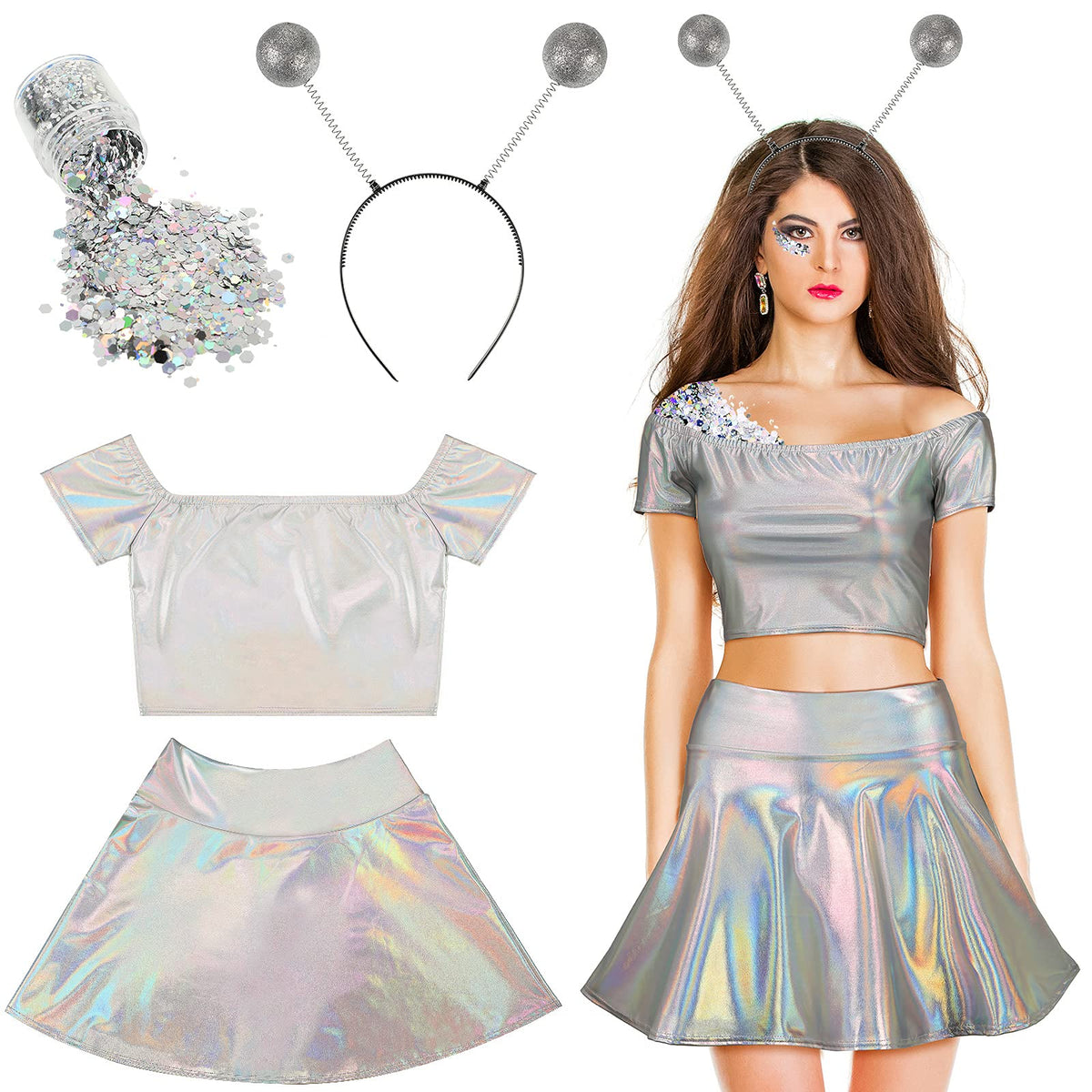Geyoga Halloween Alien Costume Women's Metallic Shiny off Shoulder Crop Top Mini Dress Outfit with Headband, Silver Glitter(Medium)
