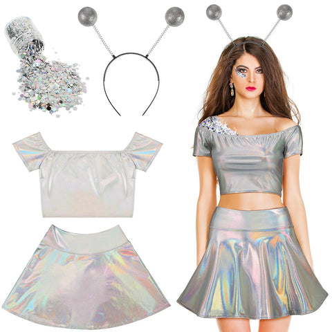 Geyoga Halloween Alien Costume Women's Metallic Shiny off Shoulder Crop Top Mini Dress Outfit with Headband, Silver Glitter(Medium)