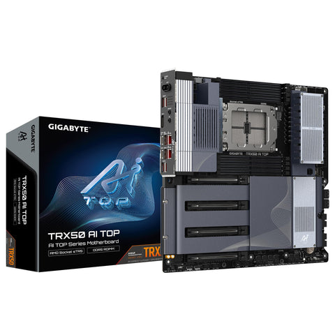 GIGABYTE TRX50 AI TOPMotherboard - Supports AMD Ryzen PRO 7000 CPUs- 16+8+4 Phases Digital VRM- up to 5200MHz DDR5 (OC)- 4xPCIe 5.0 + 4xPCIe 4.0 M.2- Wi-Fi 7-10GbE LAN- USB 3.2 Gen 2x2