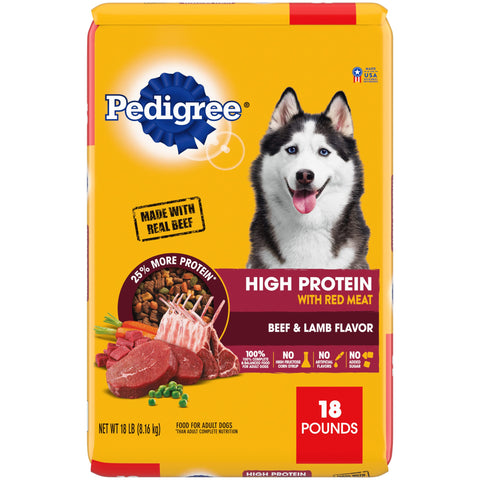 Pedigree High Protein Adult Dry Dog Food Beef and Lamb Flavor Dog Kibble, 18 lb. Bag