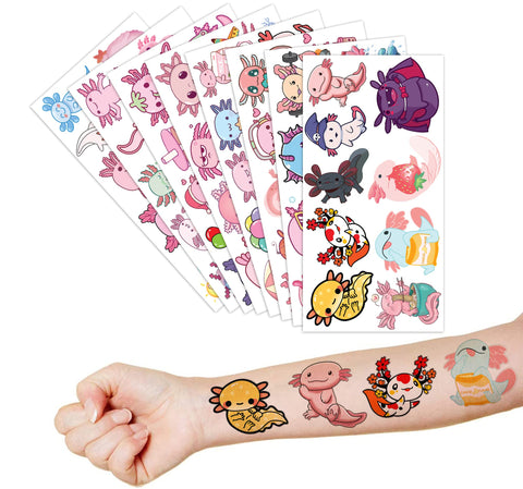 Axolotl Temporary Tattoos Stickers - 8 Sheets 74pcs | Super Cute Party Favors for Kids | Ideal Birthday Party Decorations and Classroom Prizes Safe and Fun Fake Tattoos | Perfect Gifts for Boys Girls