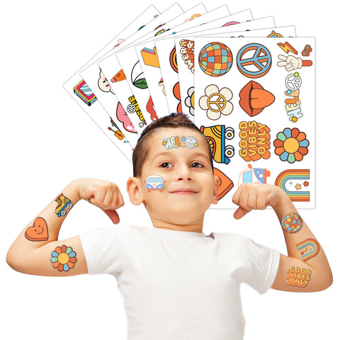 96PCS Groovy 70s Temporary Tattoos Birthday Party Decorations Favors Flower Power Good Vibes Retro Cute Tattoos Sticker Gift for Kids Boys and Girls, Prizes Themed Baby Shower Supplies