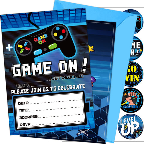24 Pcs Video Game Invitations Fill-in Game Invitations with Envelopes Gaming Party Cards Decorations Double-sided Printed Video Game Party Invitations for Boys Kids Game Birthday (Classic Style)