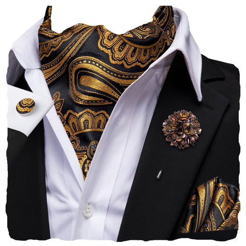 Hi-Tie Men's Cravat And Flower Lapel Pin Set Jacquard Silk Ascot Handkerchief Cufflinks For Wedding Party Daily Dress,Black Gold Paisley Floral