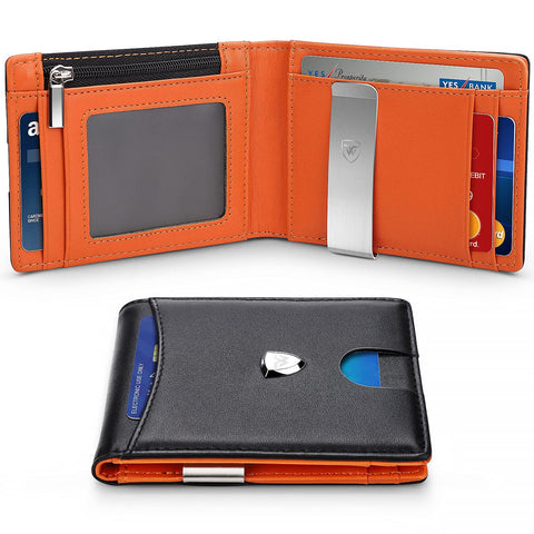 Wallets RFID Blocking with Money Clip, Bi-fold Slim Genuine Leather Minimalist Mini Wallet with Coin Pocket, Credit Card Slots, ID Window for Gents Men with Gift Box-Black & Orange