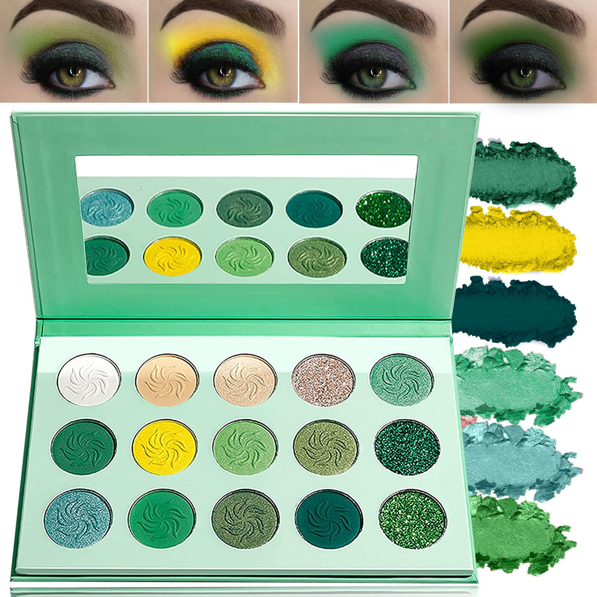 DuoZeng 15 Colors Green Eyeshadow Palette,Matte Shimmer Green Eyeshadow Highly Pigmented Glitter Eye Shade,Colorful Long Wear Green Makeup Palettes Eye Shadow Pallet for Women
