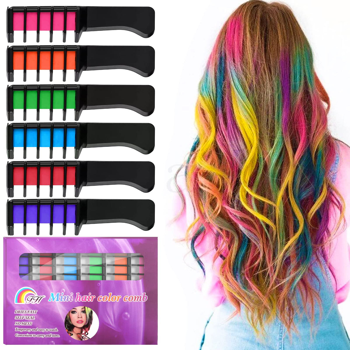 6 Colors Temporary Hair Chalk Combs, Kalolary Metallic Glitter Hair Chalks Birthday Girls Age 5 6 7 8 9 10-12 Washable Color for Kids Hair Dyeing Party, Cosplay, Halloween, Christmas, Easter