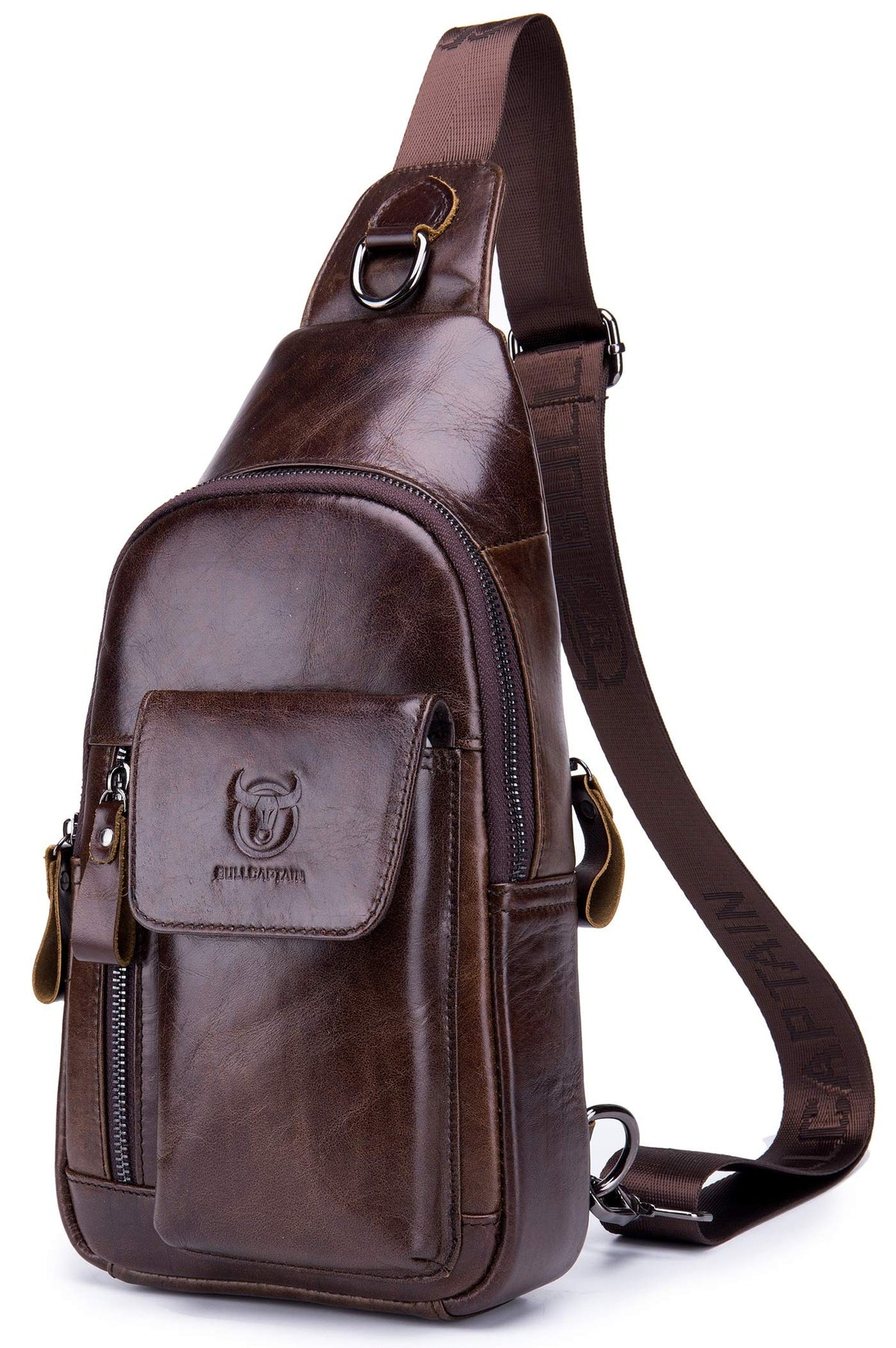 BULLCAPTAIN Genuine Leather Men Sling Bag Travel Crossbody Chest Bag Large Capacity Casual Hiking Daypack (Brown)