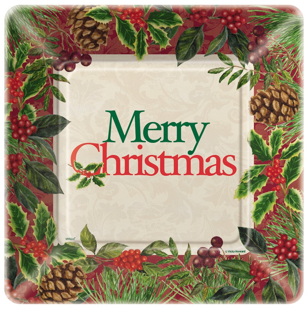 Square Festive Holly Merry Christmas Dinner Plates, 8ct