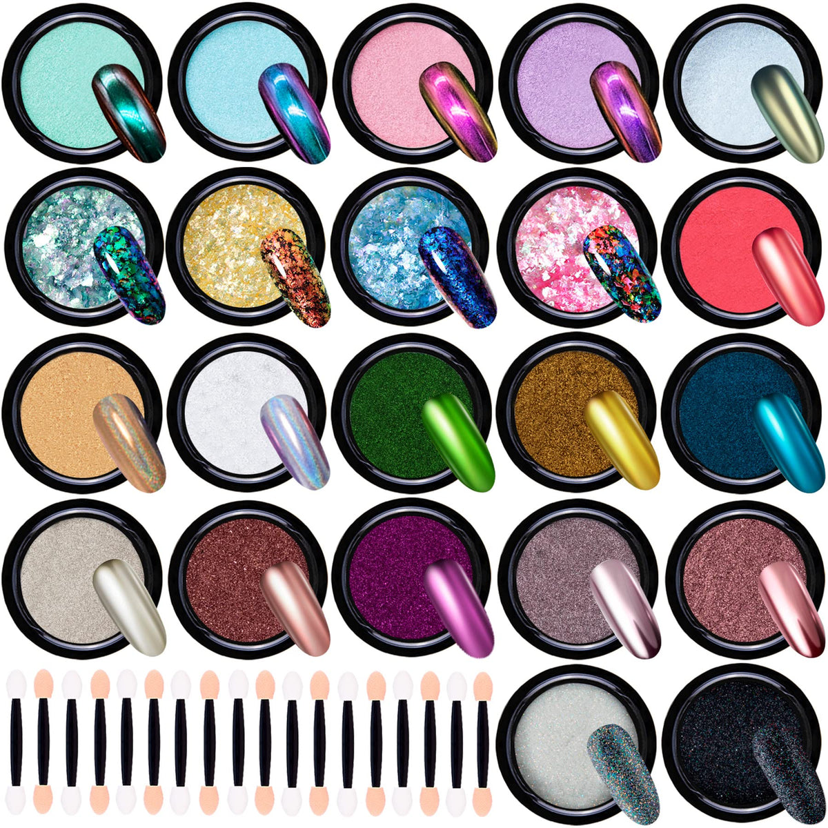 Duufin 22 Colors Nail Powder Chrome Nail Powder Nail Flakes Nail Art Powder Mirror Effect Powder Iridescent Aurora Nail Powder Chameleon Flakes for Nails with 22 Pcs Eyeshadow Sticks, 1g/Jar