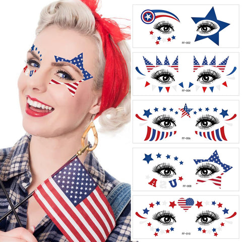 10 Sheets 4th of July Face Temporary Tattoos Sticker Independence Day Tattoo for Men Women Red White and Blue USA Flag Party Supplies for Memorial Day & Labor Day Patriotic Eyes Stickers Decorations