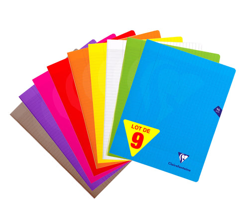 ClaireFontaine 299361AMZC Set of 9 Mimesys Stapled Notebooks - 24x32 cm - 96 Pages Large Squares 90 g - Assorted Polypro Covers (Blue, Red, Yellow, Green, Grey, Purple, Orange, Pink and Clear)