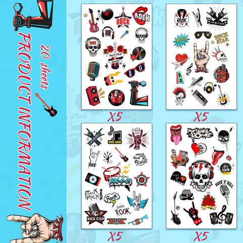 20 Sheets Rock and Roll Temporary Tattoos Party Favors for Rock Star, Born to Rock, 50s/80s Rock Theme Party Decorations Supplies Gifts
