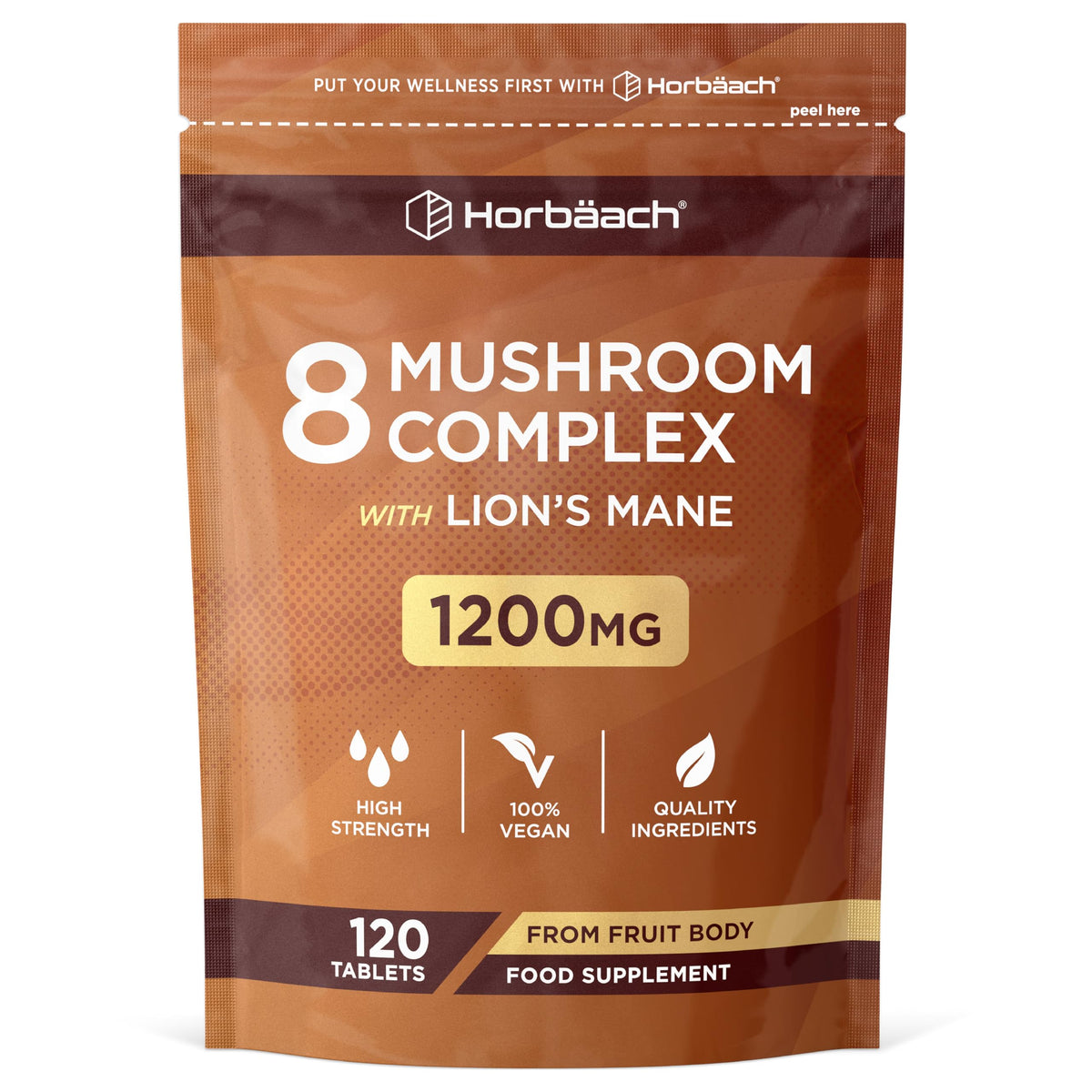 Mushroom Complex 8 1200mg | Lions Mane, Chaga, Cordyceps, Reishi, Shiitake, Maitake, Shaggy Mane & Oyster | High Strength Mushroom Supplement | 120 Powder Tablets | Vegan | by Horbaach