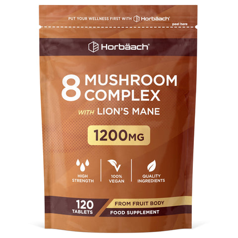 Mushroom Complex 8 1200mg | Lions Mane, Chaga, Cordyceps, Reishi, Shiitake, Maitake, Shaggy Mane & Oyster | High Strength Mushroom Supplement | 120 Powder Tablets | Vegan | by Horbaach