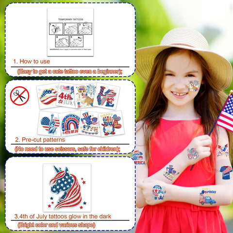 HOWAF 4th/Fourth of July Temporary Tattoos 96 Individually Sheets Giltter American USA Flag Tattoos Stickers Giltter gold and silver Independence Day Tattoos for Patriotic Independence Day