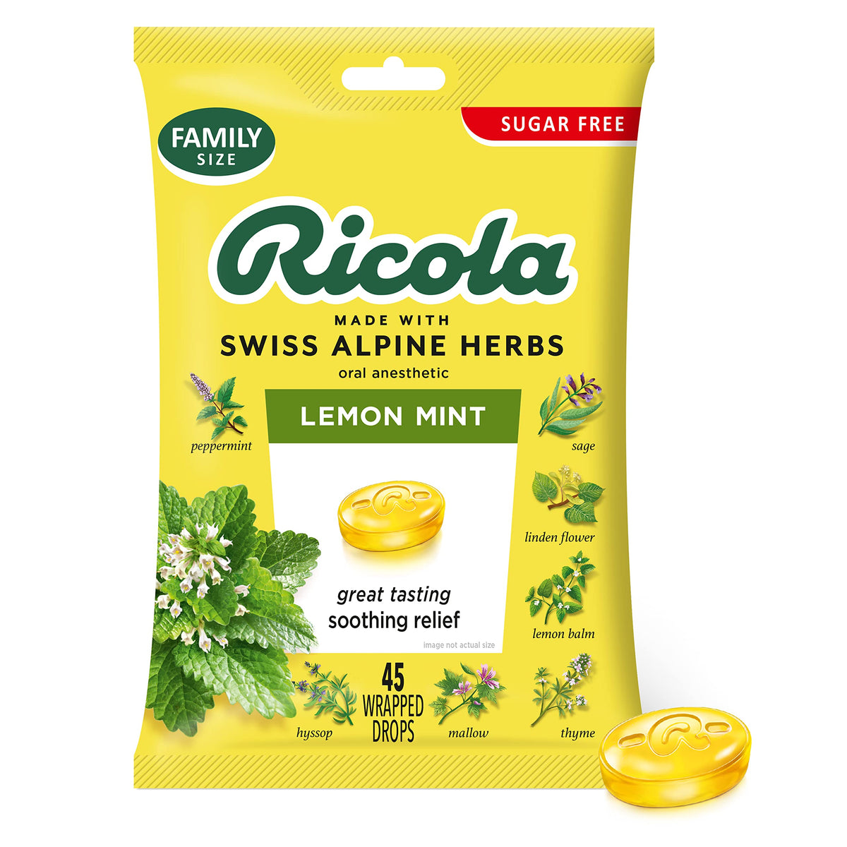 Ricola Sugar Free Lemon Mint Bag | Cough Suppressant Throat Drops | Naturally Soothing Long-Lasting Relief - 45 Count (Pack of 1)