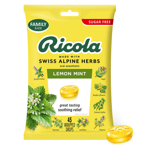 Ricola Sugar Free Lemon Mint Bag | Cough Suppressant Throat Drops | Naturally Soothing Long-Lasting Relief - 45 Count (Pack of 1)