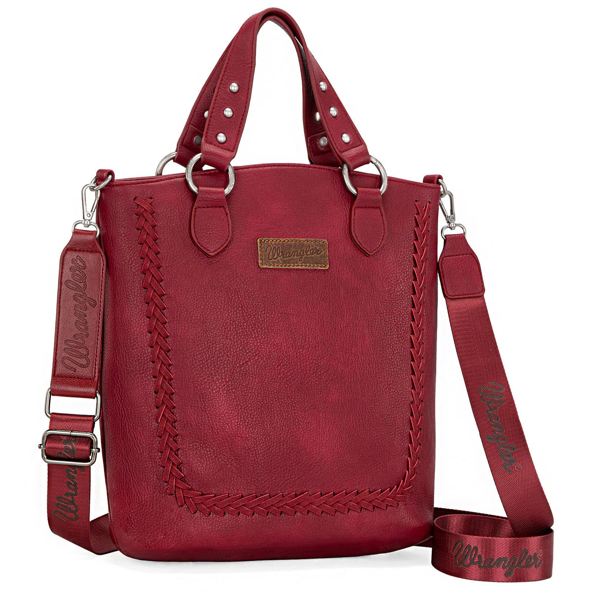 Wrangler Work Tote Bags for Women Convertible Crossbody Bag Tote Purse Burgundy Satchel Handbags U-shaped Braid and Unique Rivet Design WG94G-8317BDY