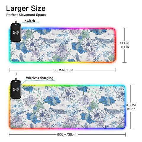 Flower Birds Leaves Vintage Wireless Charging Mouse Pad for Mobile Phone Extra Large Gaming Mousepad with 13 Lighting Modes Keyboard Mat for Gaming MacBook PC Laptop Desk Home Office