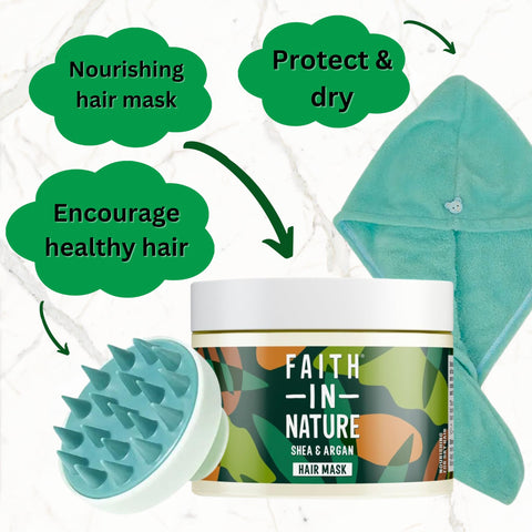 Argan Oil Hair Mask Bundle With Faith in Nature Shea & Argan Hair Mask 300ml and Rab Gifts Hair Wrap and Massage Brush