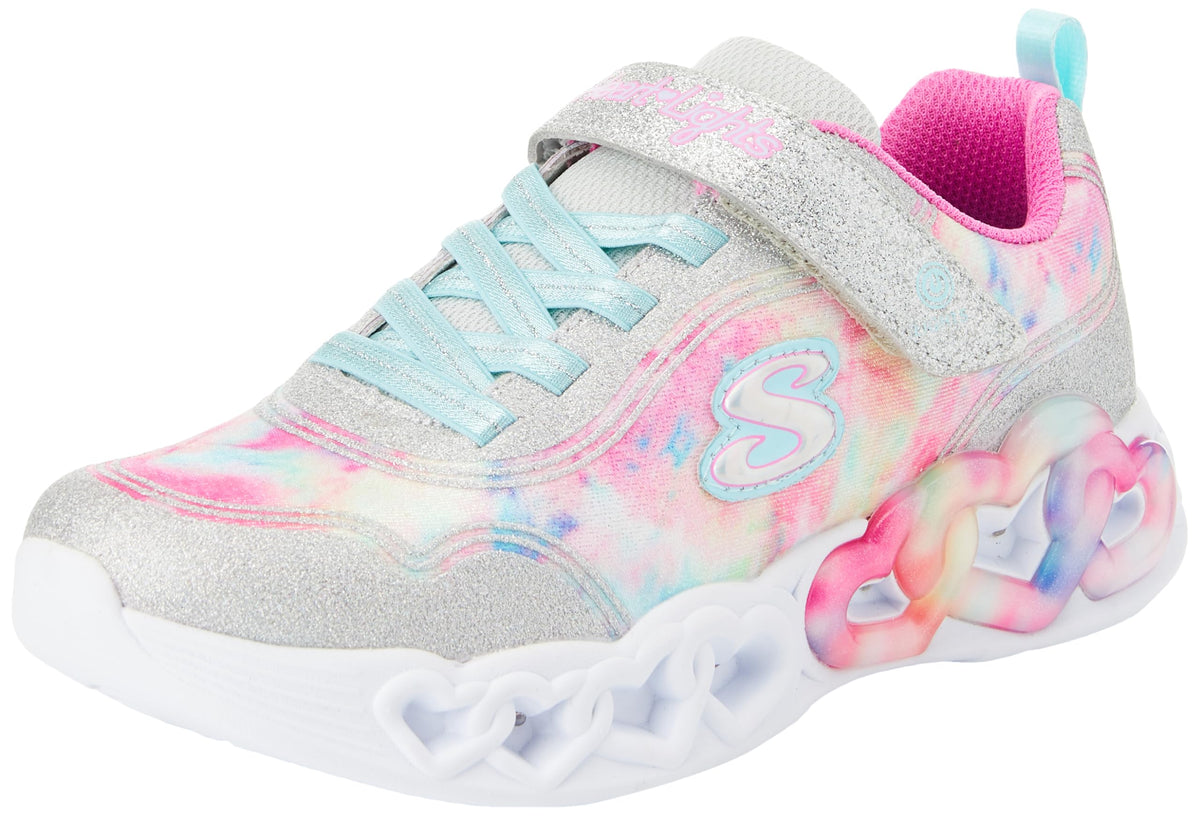Skechers Kids Infinite Heart Lights-Color Sneaker, Silver/Multi, 1 US Unisex Little Kid