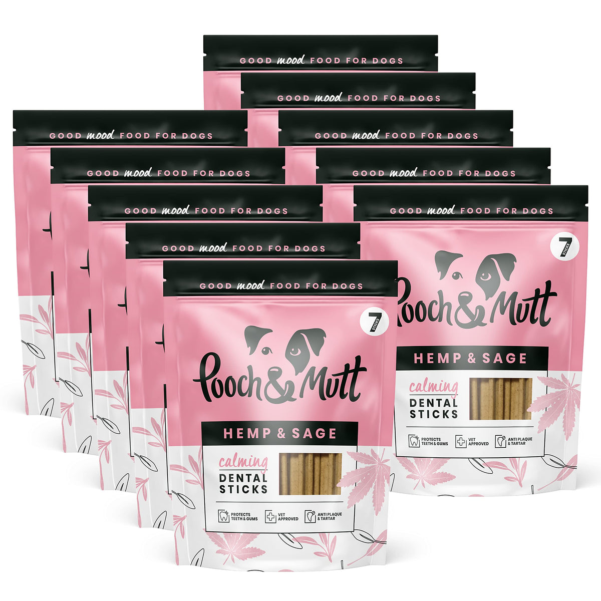 Pooch & Mutt - Calming Dental Sticks, Hemp and Sage Flavour, 251g pack of 10