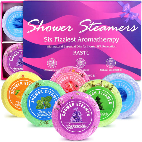KASTU Aromatherapy Shower Steamers Tablets - Bath Bombs Gift Set,6 Pcs Fizzy Spa Bath,Relaxing,Bubble Bath Bomb with Essential Oils Gifts Idea for Men Women
