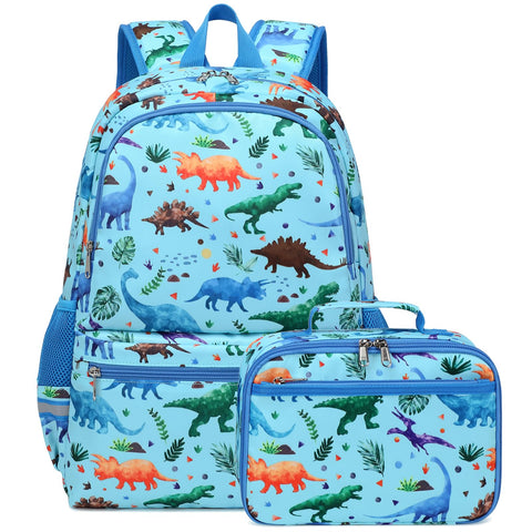 Octsky Kids Backpack for School Girls Boys Backpack with Lunch Box Set Elementary Bookbag Backpack(Dino-blue)