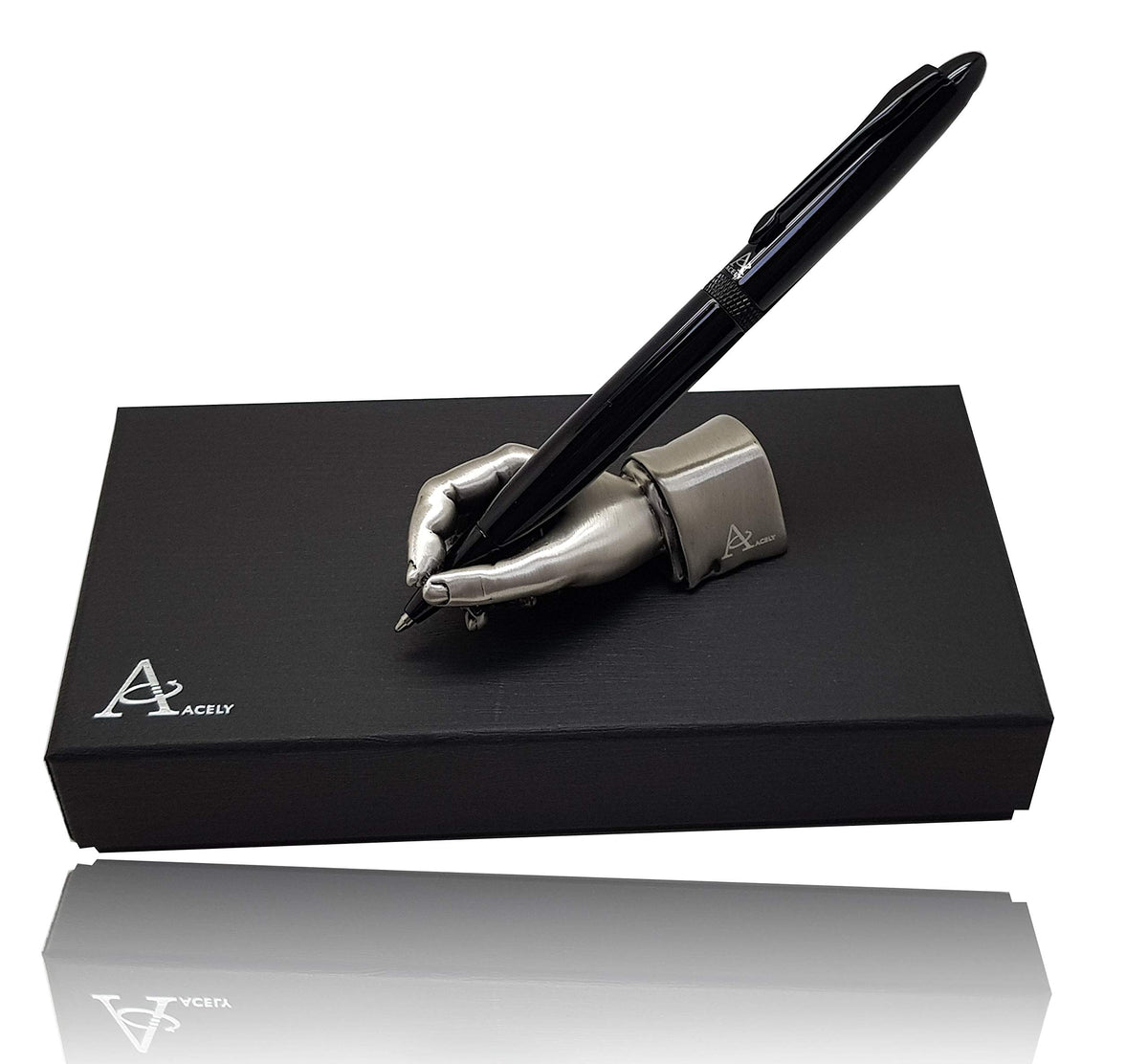 ACELY Executive glossy black Ball Point Pen with Hand Shape Pen Holder Paperweight for Desktop Organizer Pen Stand Desk Decorations for Men - Pen & holder set (Black & Anti-Silver)