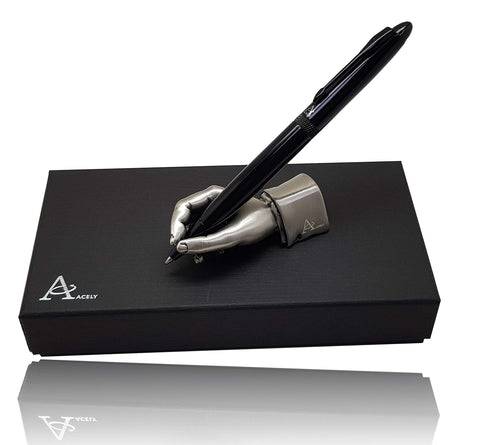 ACELY Executive glossy black Ball Point Pen with Hand Shape Pen Holder Paperweight for Desktop Organizer Pen Stand Desk Decorations for Men - Pen & holder set (Black & Anti-Silver)