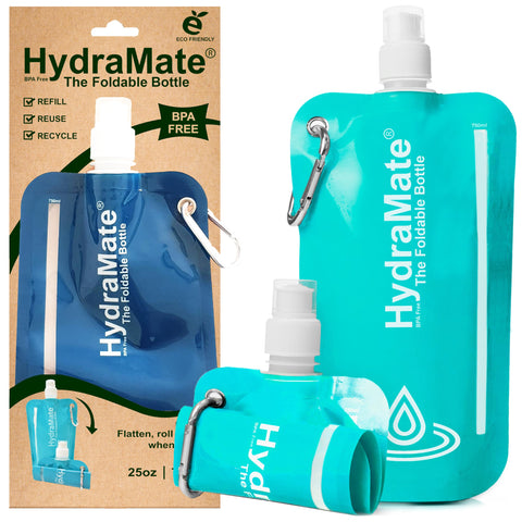 HydraMate Foldable Water Bottle - Collapsible Water Bottles 750ml Water Pouch. Roll Up, Lightweight, Soft, Squeezable, BPA FREE Folding Bottle for Travel. Refillable. Carabiner Clip.