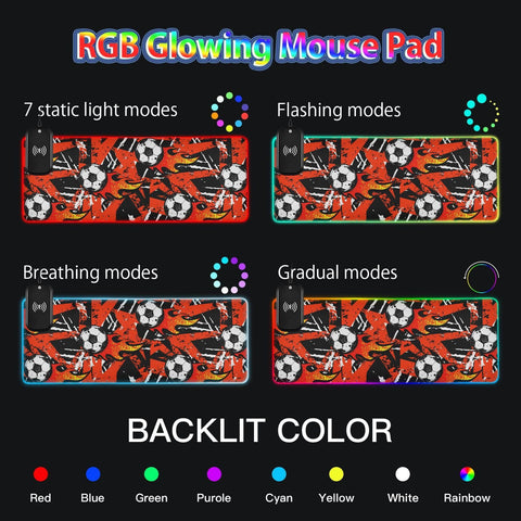Fire Football Soccer Wireless Charging Mouse Pad for Mobile Phone Extra Large Gaming Mousepad with 13 Lighting Modes Mouse Mat for Office Home Gaming MacBook PC Laptop Desk