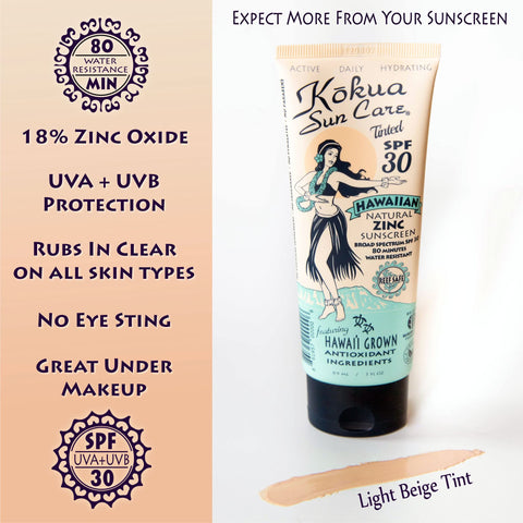 Kokua Sun Care Hawaiian Tinted Non Nano Zinc Oxide Sunscreen for Face & Body, Daily SPF 30/80 Lotion, Moisturizing Sun Protection Cream, Mineral Water Resistance, Reef Safe, Cruelty Free, Vegan