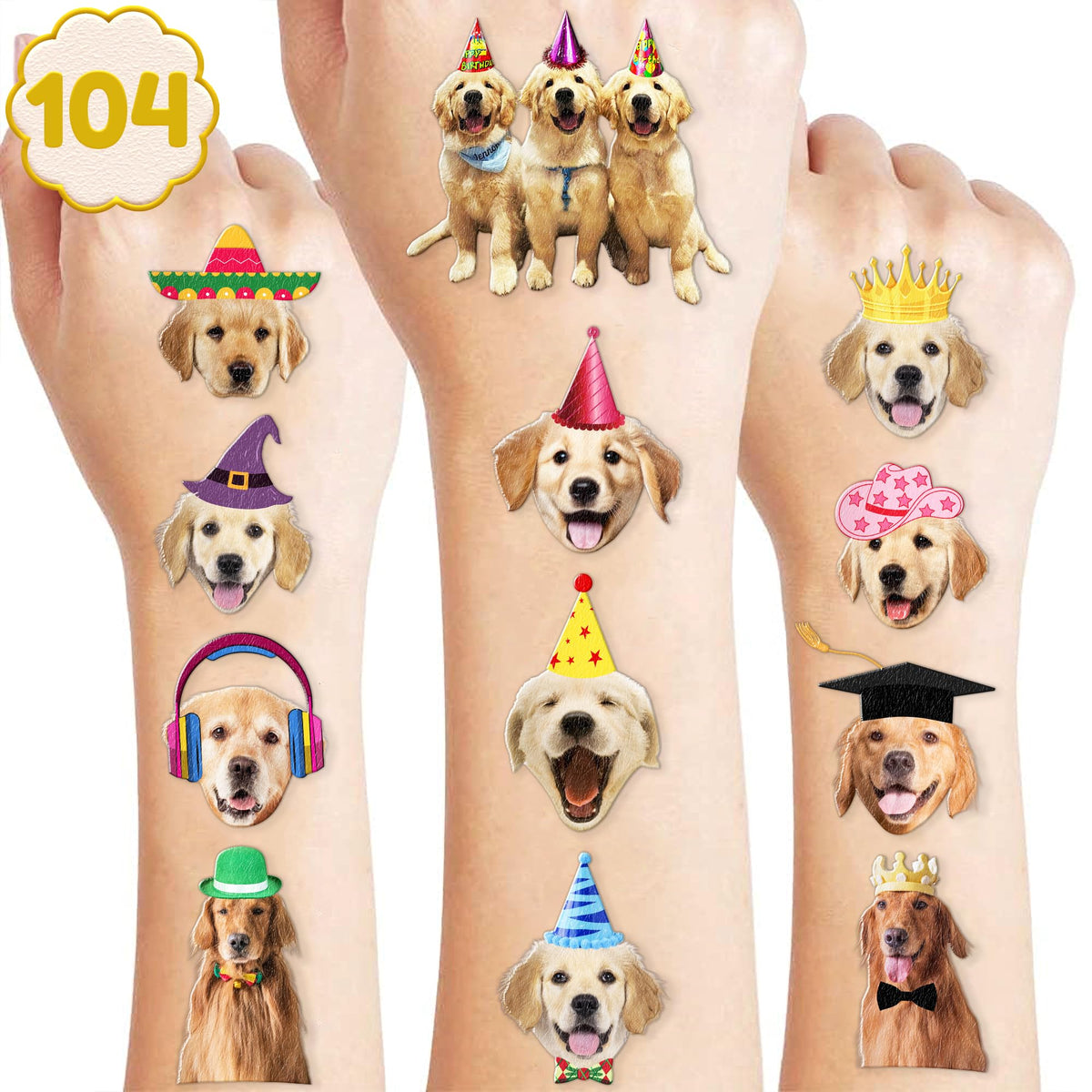 Golden Retriever Temporary Tattoos - 100 PCS Funny Cute Dog Themed Stickers for Kids Birthday Party Supplies, Decorations, Favors and Prizes - Cute Gifts for Boys and Girls