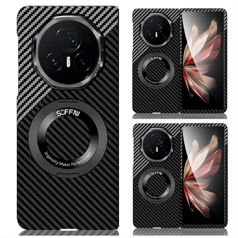 Hülle Case for Magic V3 Cover Carbon Fiber Wireless Charging + 360°Rotating Ring Bracket,Curved Slim Shell for Honor Magic V3(4)