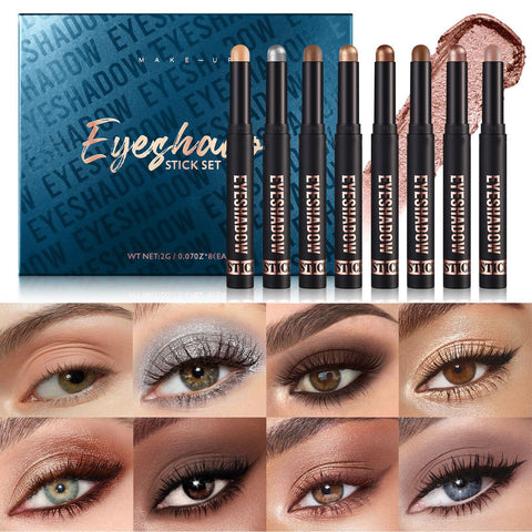 Minfei Eyeshadow Stick, 8 PCS Matte Professional Bright-Colored Contouring and Highlight Eyeshadow Stick, Natural & Shimmer Shades Contour Stick, Waterproof Long Lasting High Pigmented