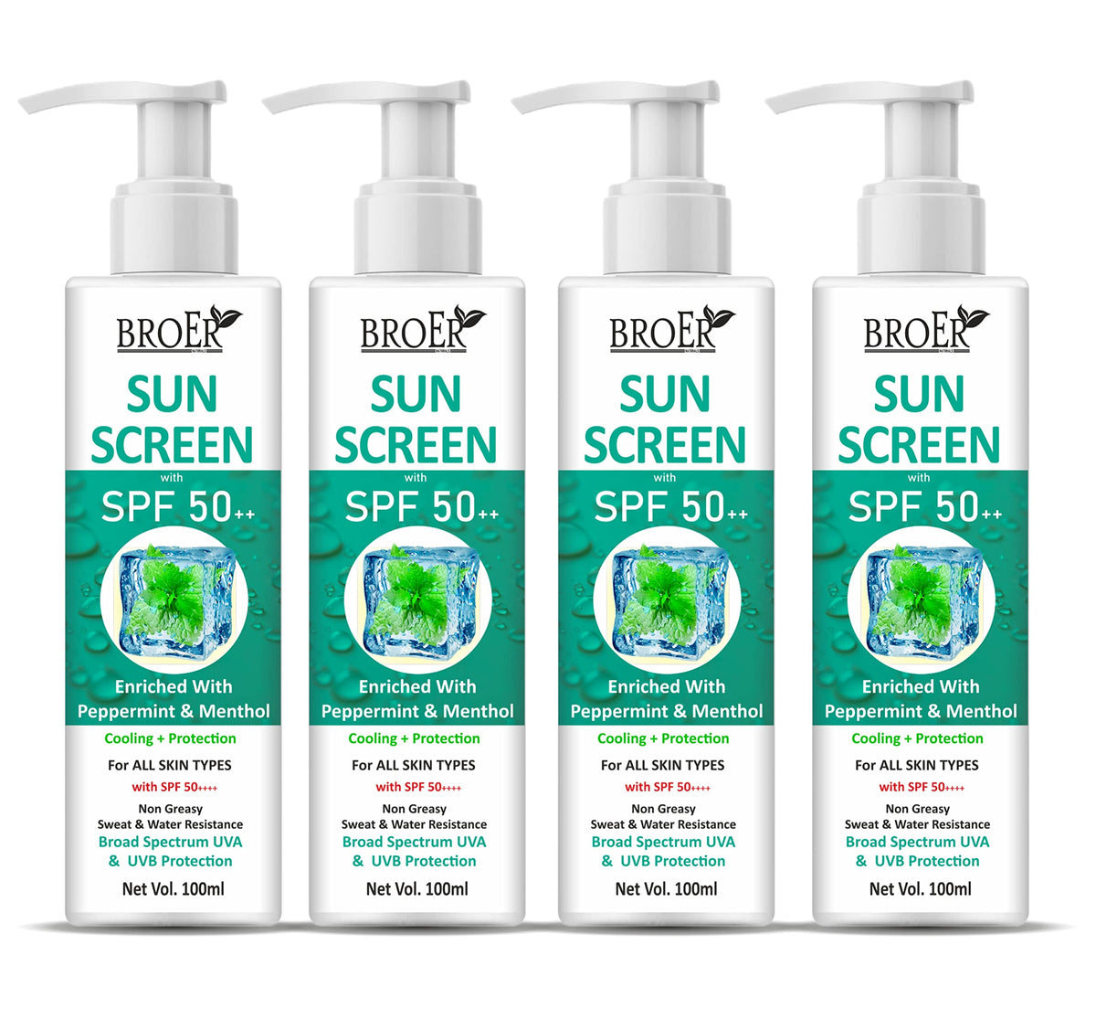 BROER Sunscreen Lotion With SPF 50 & Menthol | Instant Freshness + Protection For All Day | Cool Sunscreen Lotion | With Uva & Uvb Protection | Sunscreen SPF 50 | Moisturizer - (pack of 4) 400ml