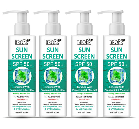 BROER Sunscreen Lotion With SPF 50 & Menthol | Instant Freshness + Protection For All Day | Cool Sunscreen Lotion | With Uva & Uvb Protection | Sunscreen SPF 50 | Moisturizer - (pack of 4) 400ml