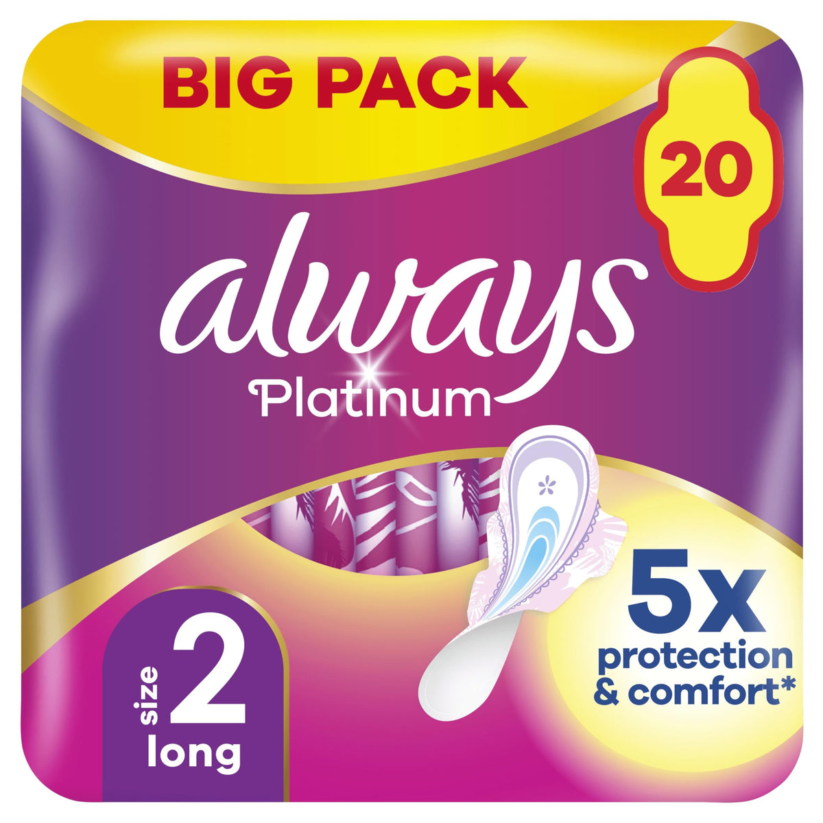 Always Platinum Sanitary Towels with Wings, Size 2, Long, 80 Towels (20 x 4 Packs), Saving Pack, Odour Neutraliser, 5X Comfort