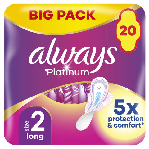 Always Platinum Sanitary Towels with Wings, Size 2, Long, 80 Towels (20 x 4 Packs), Saving Pack, Odour Neutraliser, 5X Comfort