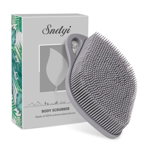 Sndyi Silicone Body Scrubber, Gentle Exfoliating Body Scrubber for Sensitive Skin, Leaf Shaped Shower Scrubber for Body with Lathering Bristles, Silicone Loofah Body Brush for Showering, Gray